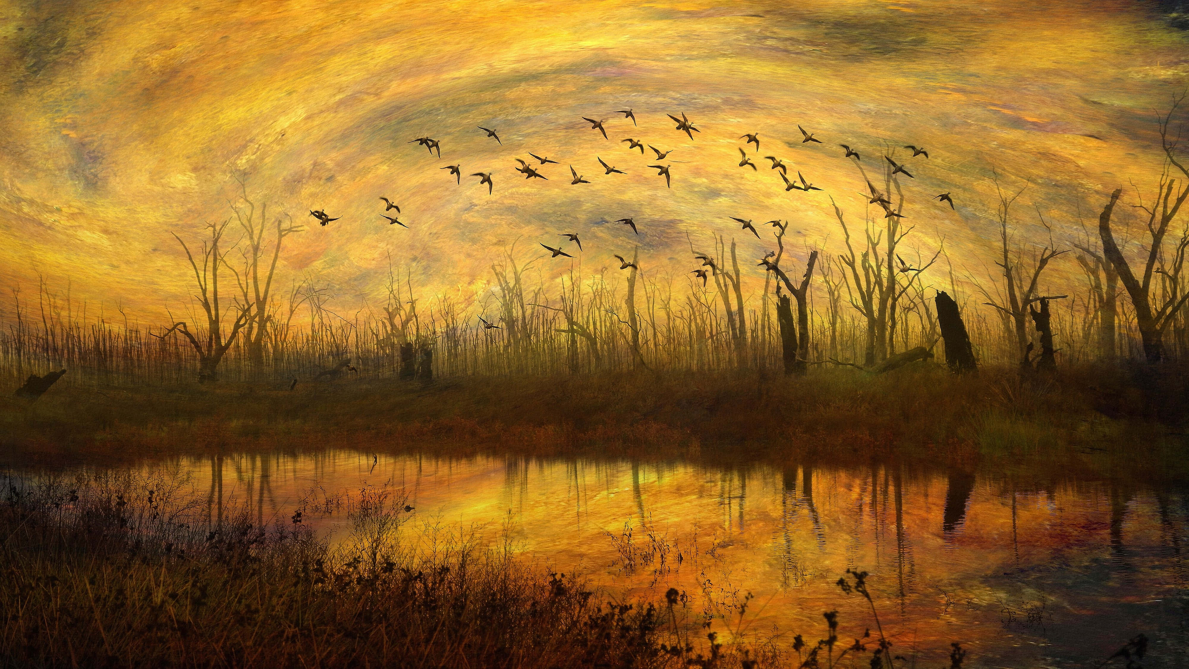 Painting 桌布 壁紙 — 一群鳥飛過金色的日落天空，下方是平靜的沼澤，有光禿的樹木和倒映的水面。