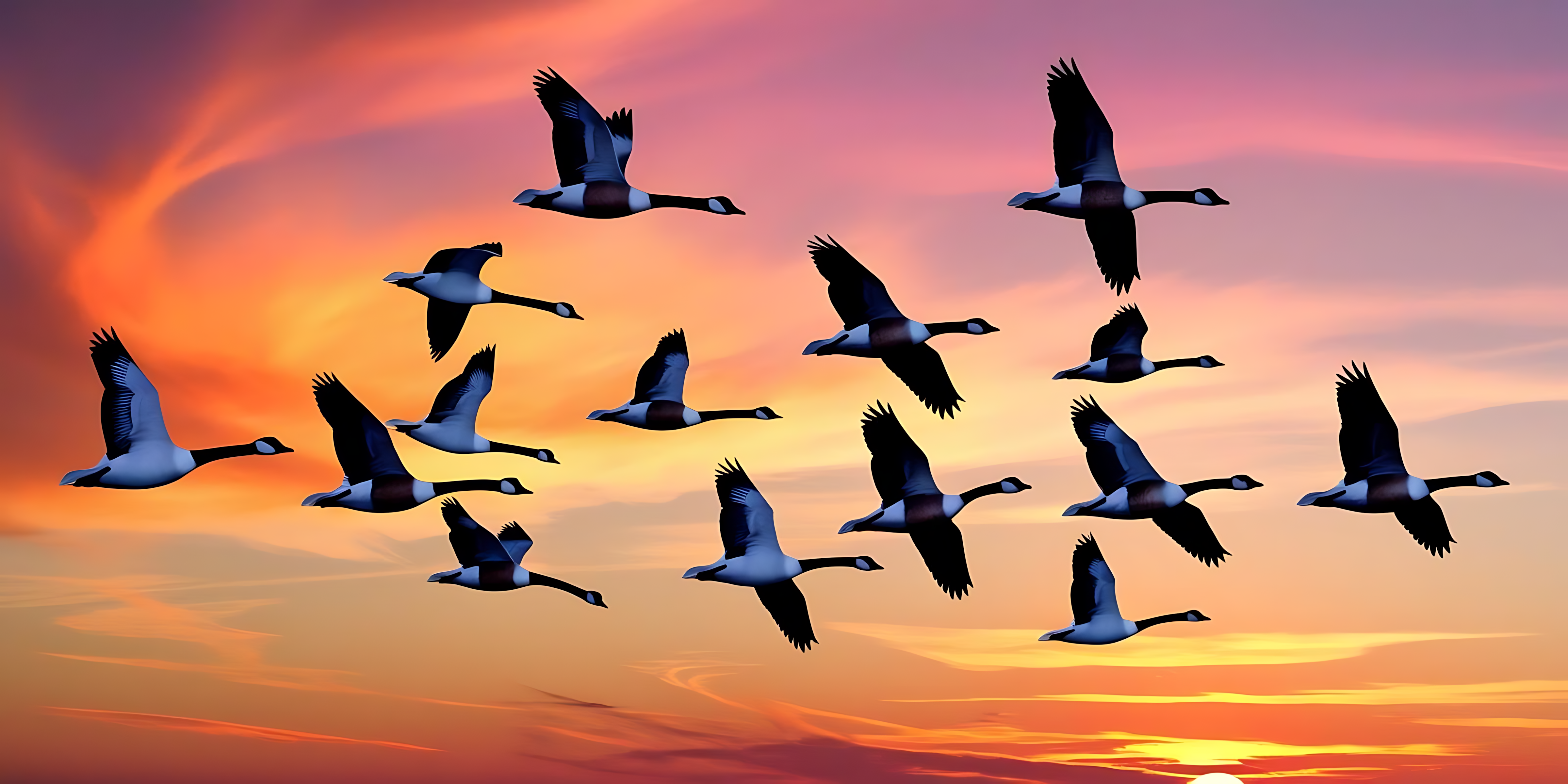flying 桌布 壁紙 — 一群鵝以V字形隊列翱翔，背景是塗上橙色、粉紅色和紫色色調的鮮豔日落天空。