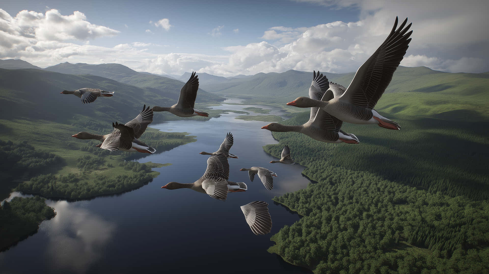 Flock of Birds Gliding Over Verdant Valleys and Lakes 壁紙 — 一群鵝在部分多雲的天空下，優雅地飛翔在蜿蜒的河流之上，河流兩旁是鬱鬱蔥蔥的青山。