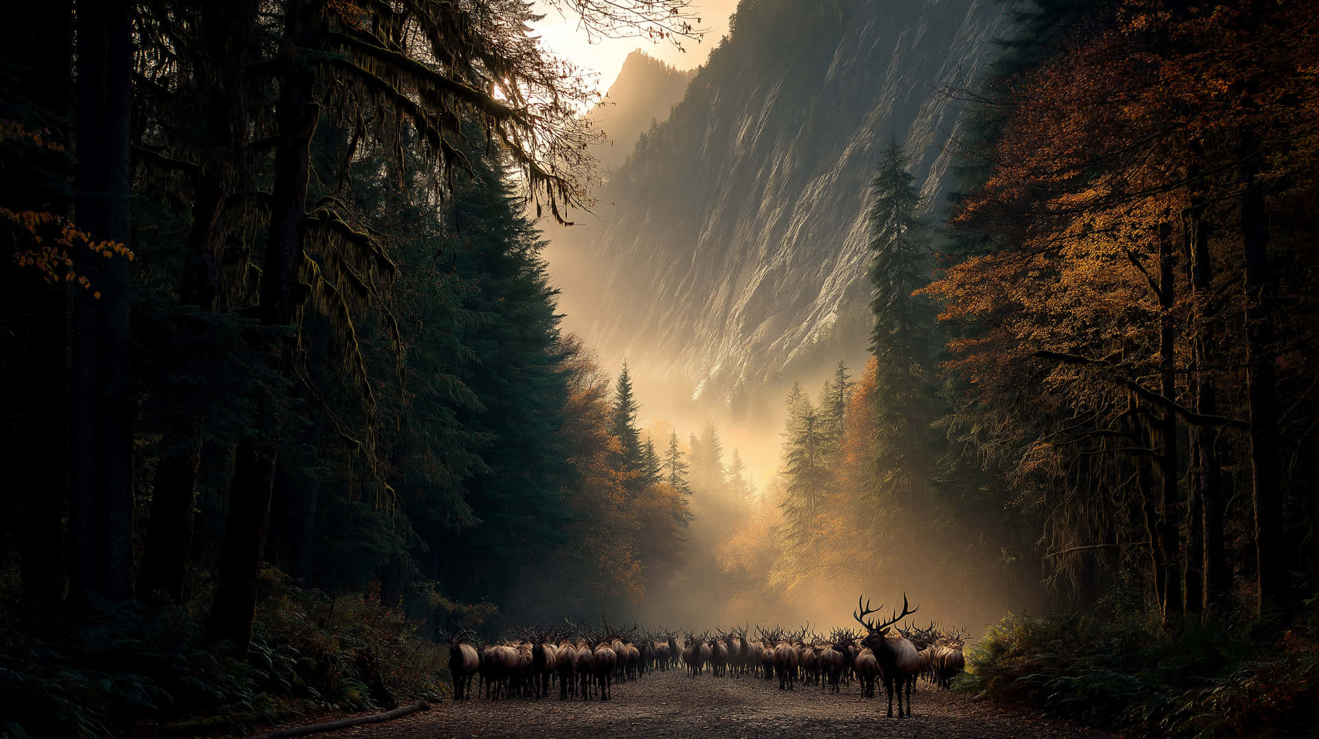 Elks in Fog 壁紙 — 一群麋鹿沿著森林小徑行走，金色的陽光穿過高聳的樹木和霧氣繚繞的山巒。
