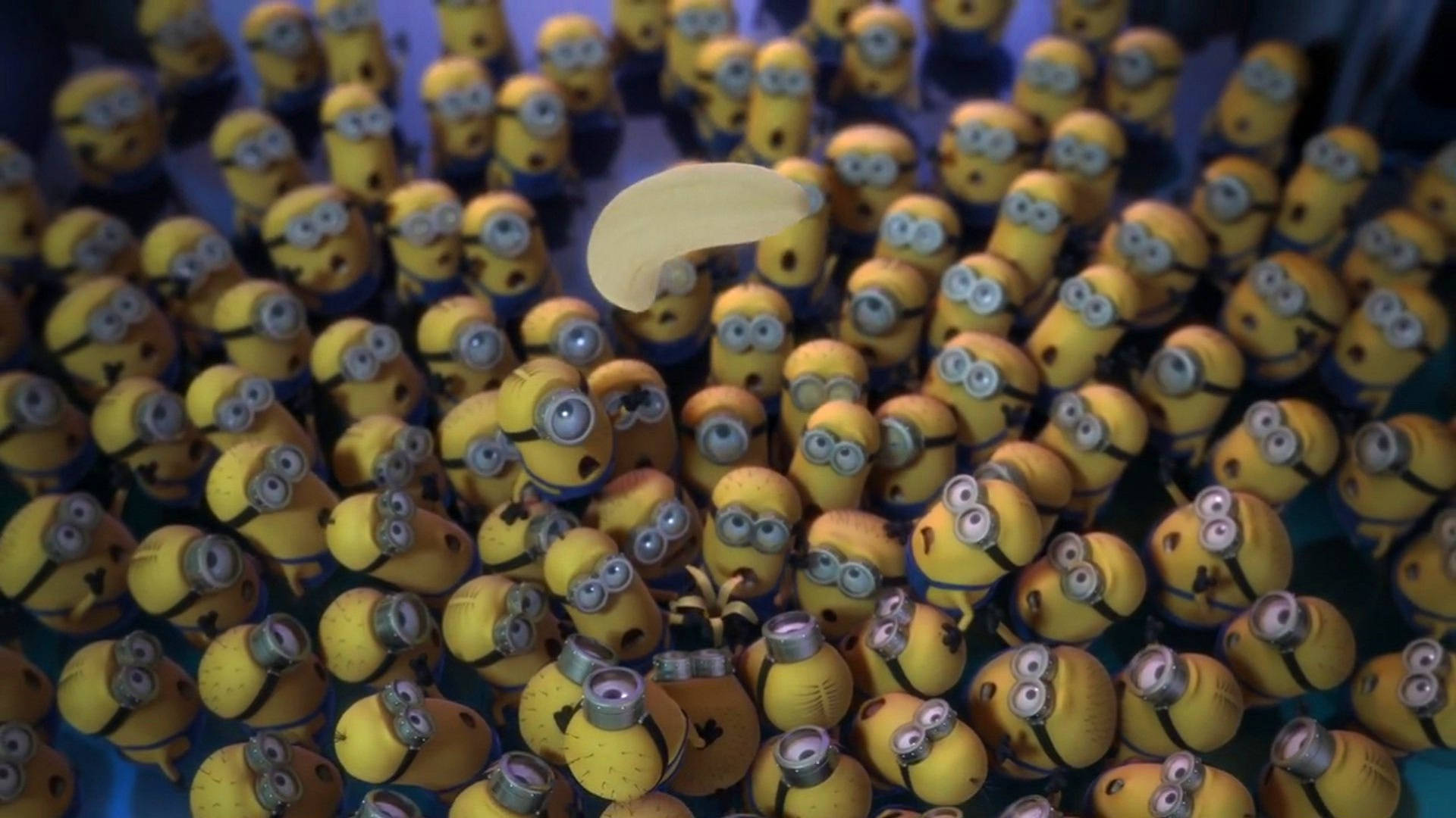 香蕉 桌布 壁紙 — 一群黃色Minions向上凝視著漂浮在他們上方的一塊香蕉皮。