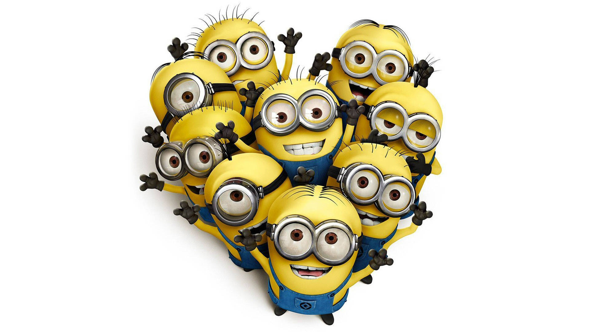 minions the rise of gru 桌布 壁紙 — 一群黃色小小兵快樂地聚集，在潔白背景上形成心形。