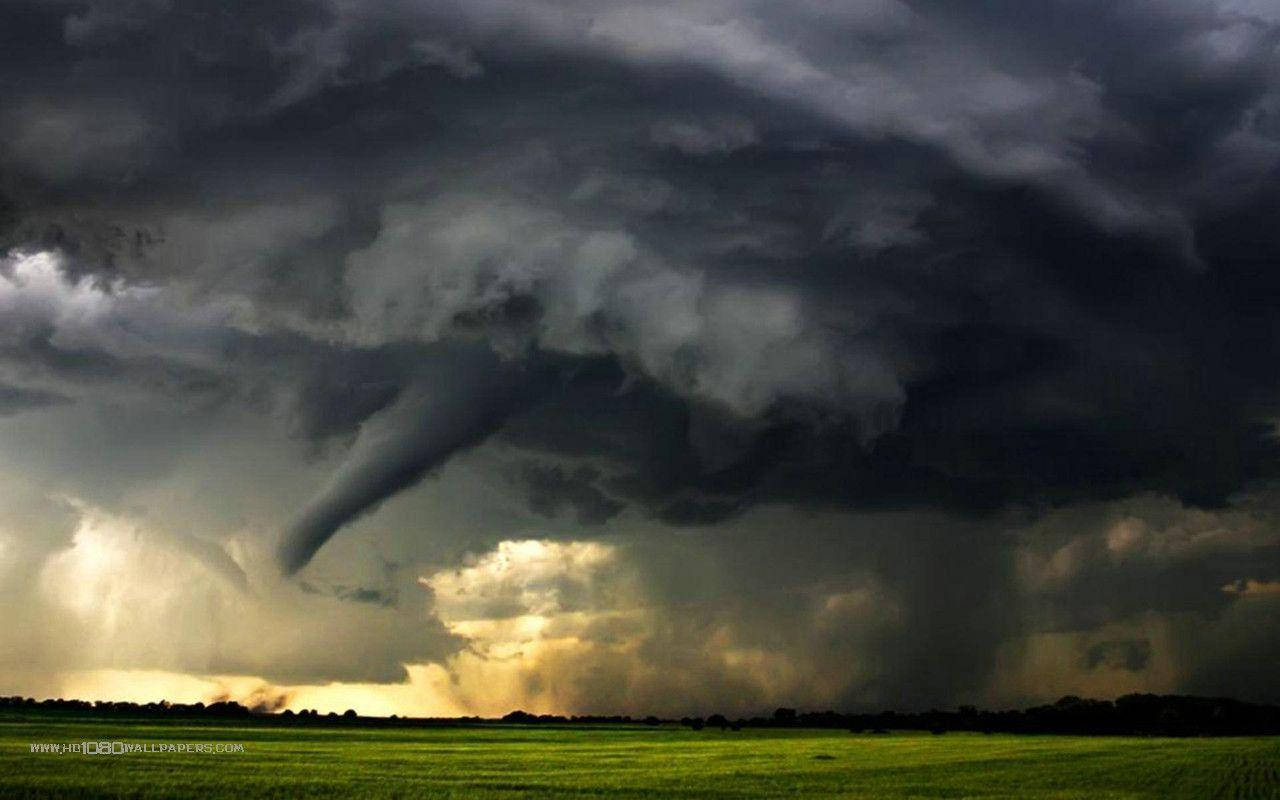 Thunderstorm 桌布 壁紙 — 一股強大的龍捲風從不祥的暴風雲中降臨，落在日落時分充滿活力的綠色田野上。