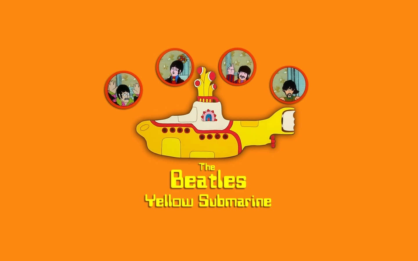Yellow Submarine 桌布 壁紙 — 一艘亮黃色潛艇，帶有四個圓形舷窗，展示披頭四成員，背景為純橙色。