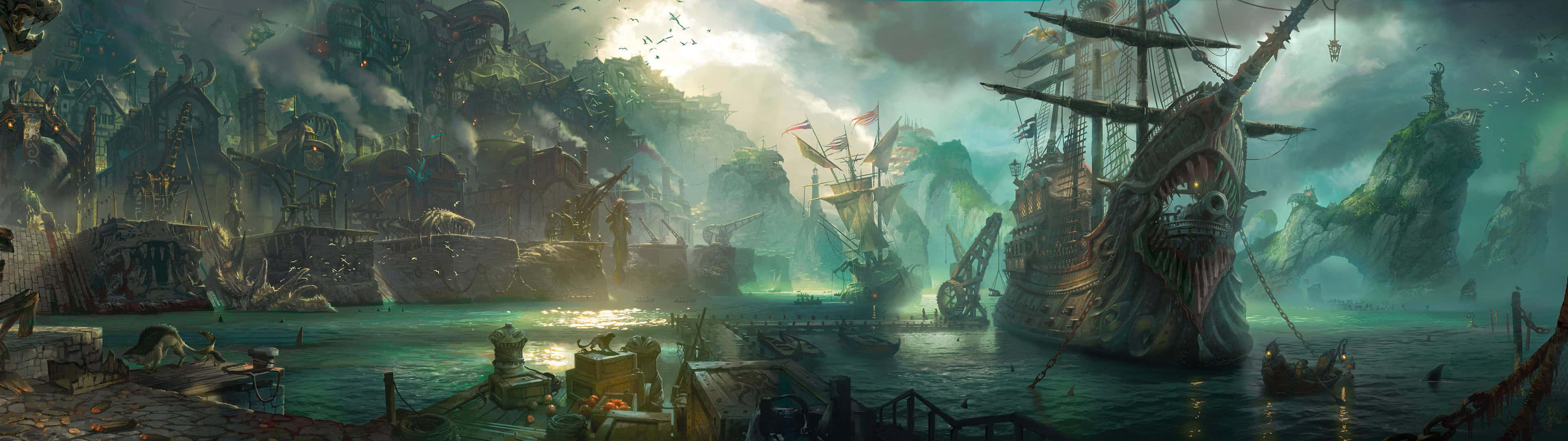 League Of Legends Dual Screen 桌布 壁紙 — 一艘令人毛骨悚然的海盜船，船頭有骷髏裝飾，停泊在霧氣瀰漫、雜草叢生的港口，周圍是崩塌的廢墟和漂浮的島嶼。