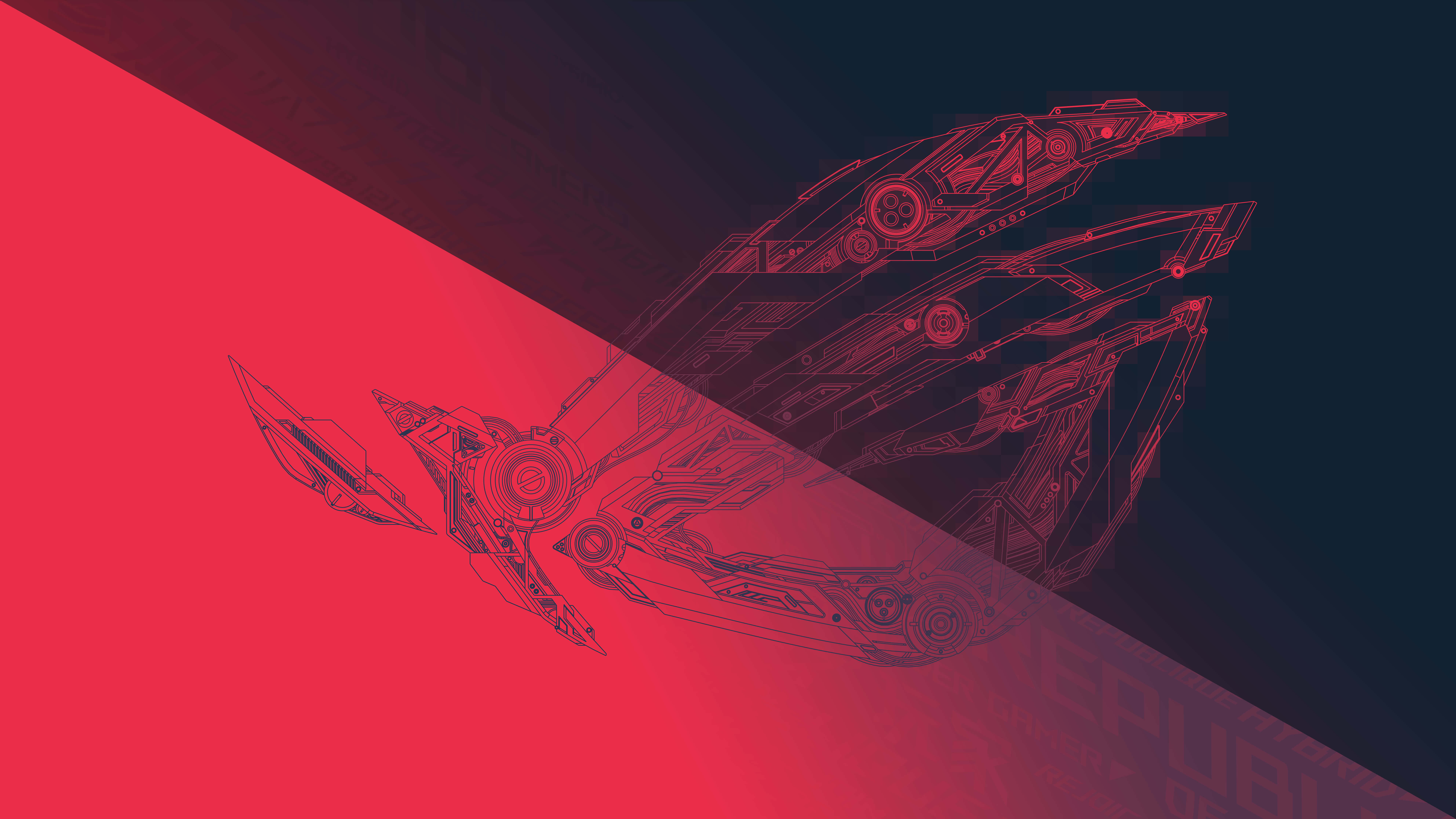 ASUS 桌布 壁紙 — 一艘以紅色勾勒的時尚未來太空船，背景為紅與深藍的分割色調。