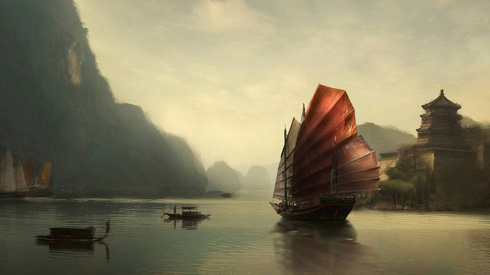 Asia 桌布 壁紙 — 一艘傳統中式帆船，紅帆高揚，在霧氣瀰漫的河流上滑行，兩旁是高聳的喀斯特山脈和古老的寶塔。