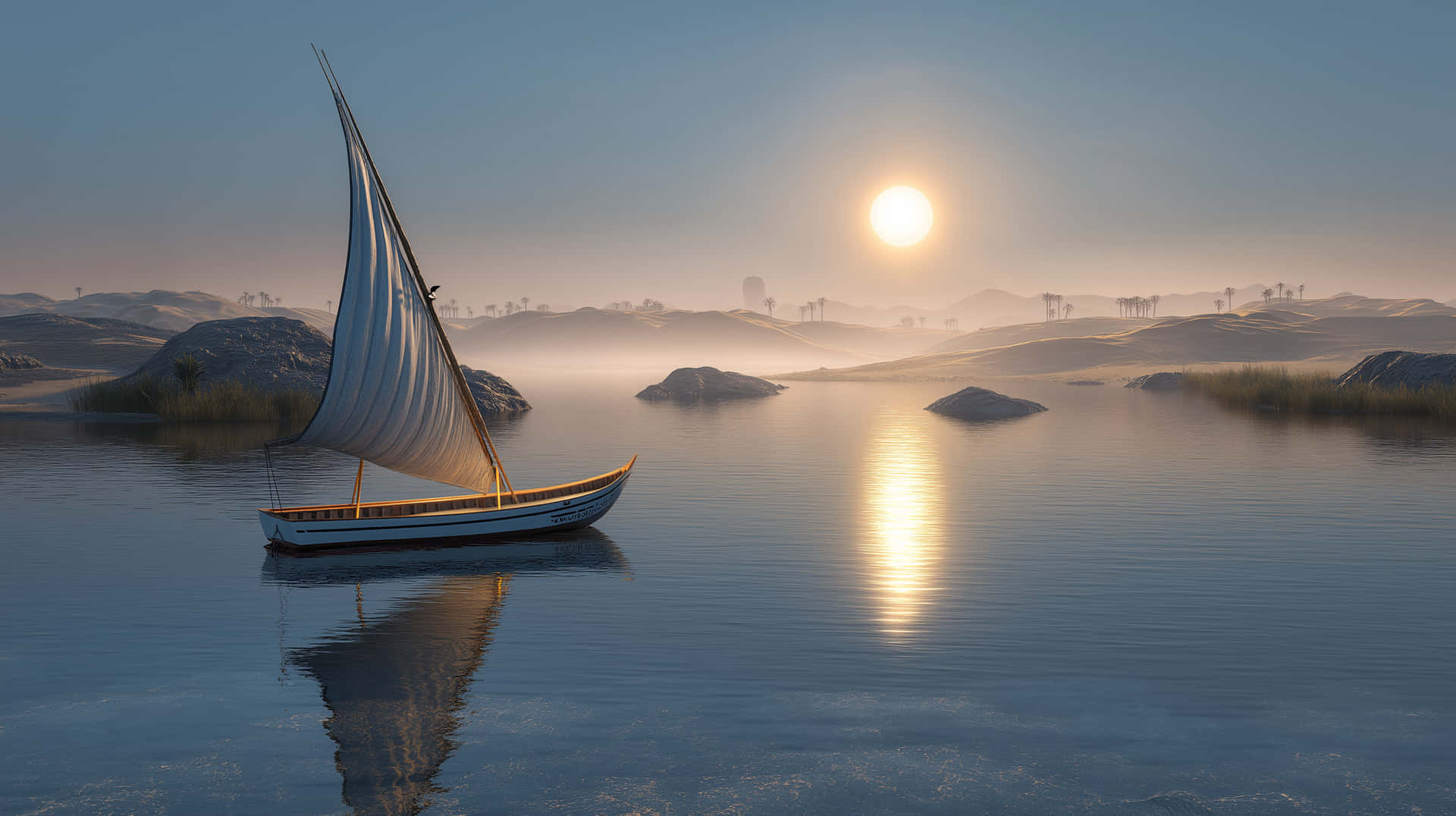 Traditional sailboat at sunrise with misty landscape and sun 壁紙 — 一艘傳統帆船在日出時於平靜的水面上滑行，金色光線反射在水面，遠處的沙漠山丘在晴朗的天空下。
