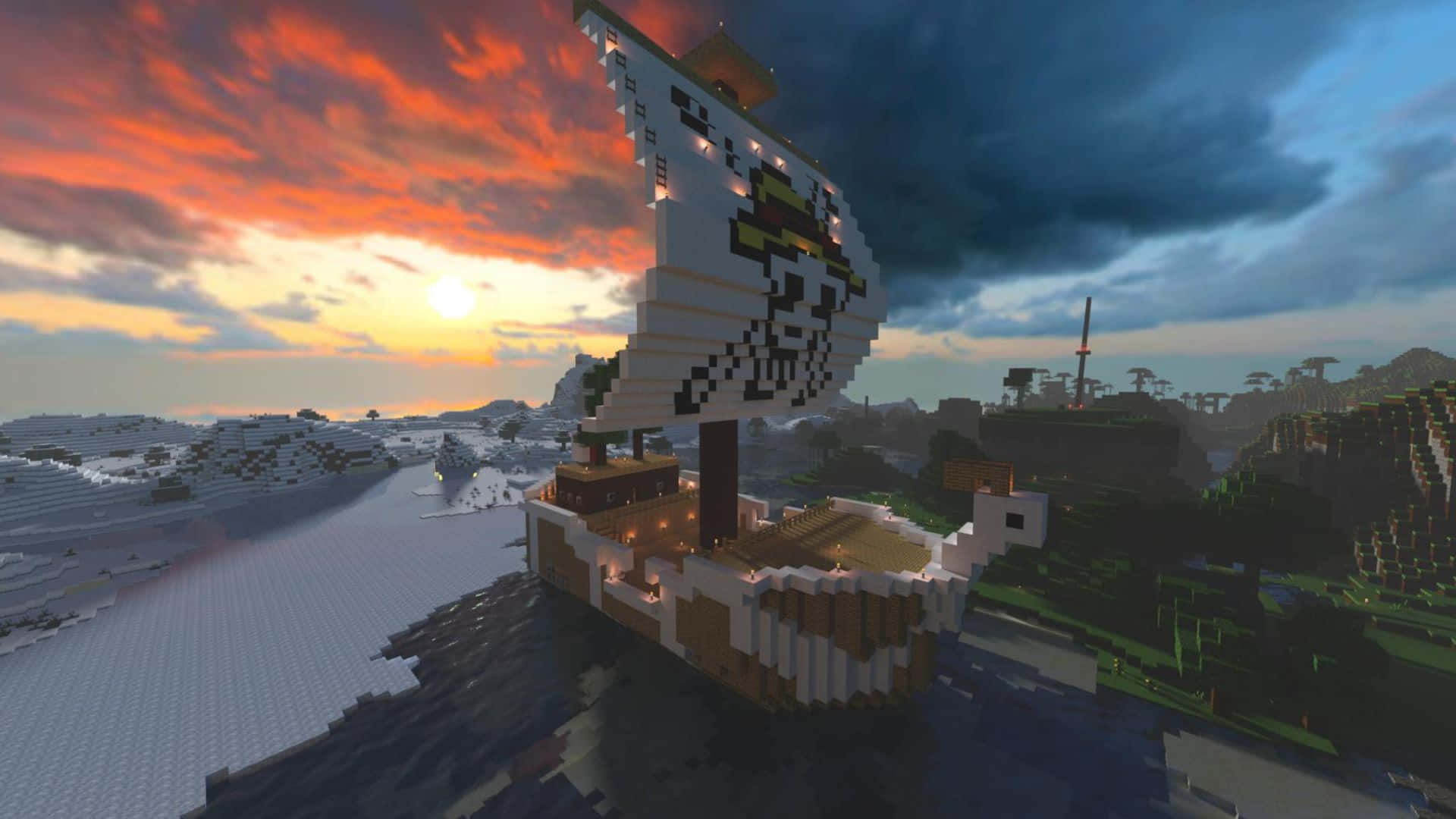 Going Merry 桌布 壁紙 — 一艘像素化的Minecraft海盜船在冰凍水域上航行，天空是熾熱的日落，帶有戲劇性的雲彩。