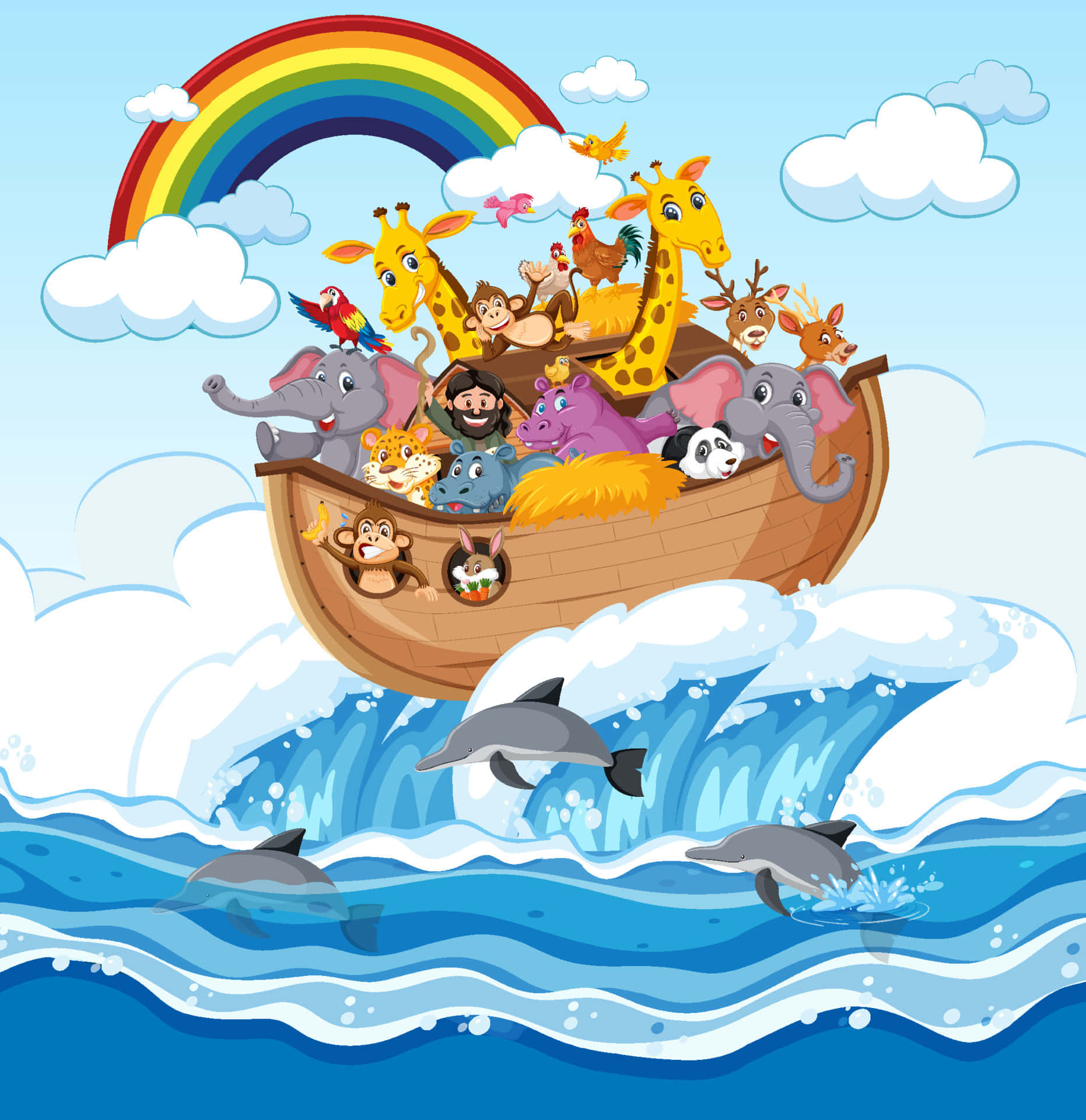 Noah's Ark 桌布 壁紙 — 一艘充滿微笑動物的卡通方舟在明亮的彩虹下航行於藍色波浪中，下方有海豚跳躍。