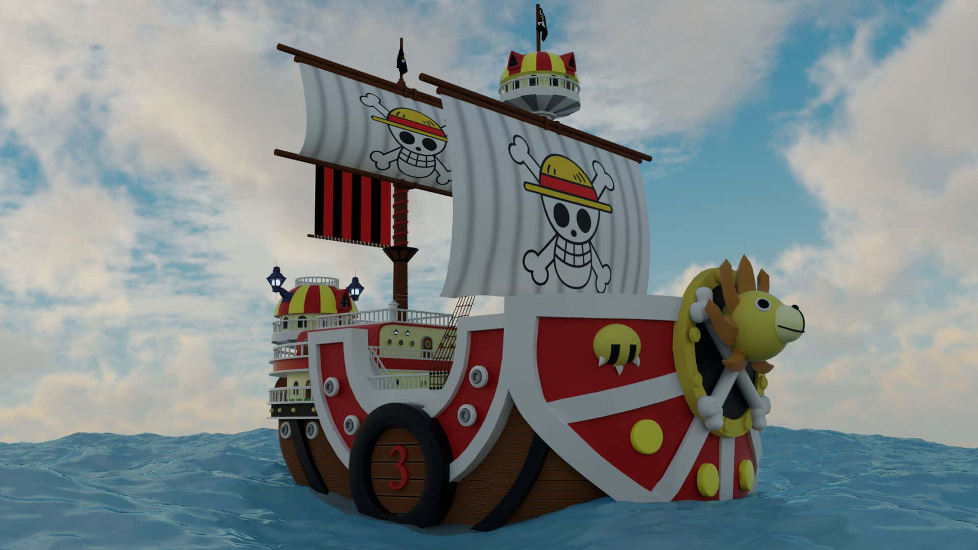 Thousand Sunny 桌布 壁紙 — 一艘充滿活力的動漫風格海盜船，帶有草帽骷髏旗，在陰天下的藍色波浪上行駛。