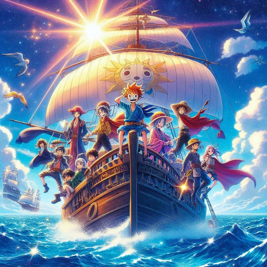 One Piece Fan Art 壁紙 — 一艘充滿活力的動畫船在閃爍的藍色波浪中航行，帆上有一個微笑的太陽標誌，在燦爛的陽光下。