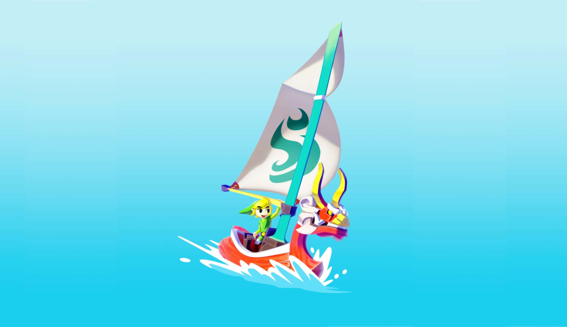 The Legend Of Zelda The Wind Waker 桌布 壁紙 — 一艘充滿活力的卡通帆船，上面有龍吉祥物和綠色頭髮的角色，在晴朗的天空下滑行在碧綠的水面上。