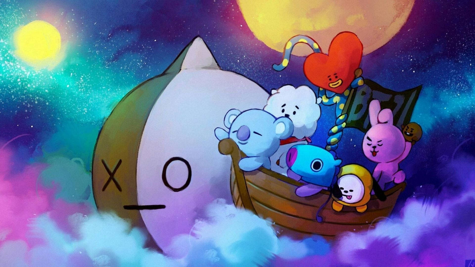 BT21角色乘船穿過色彩繽紛的宇宙夜空，伴有發光的月亮。