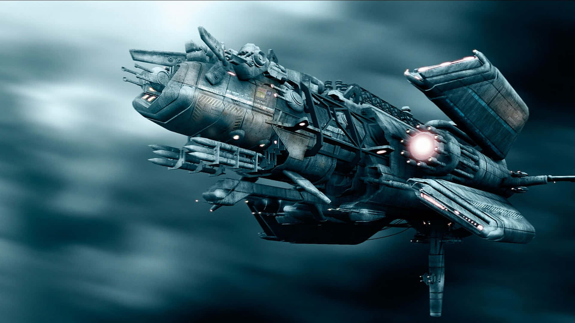 Spaceship 桌布 壁紙 — 一艘全副武裝的未來太空船，引擎發光，在風暴灰濛的天空中飛行。