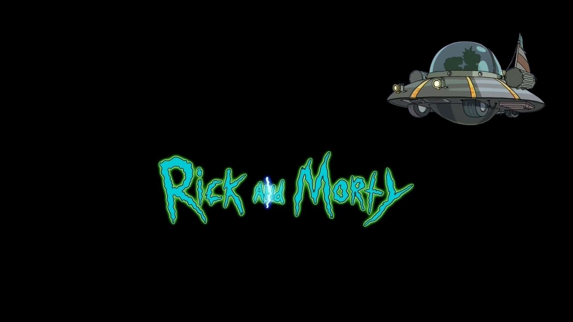 Rick And Morty Backwoods 桌布 壁紙 — 一艘卡通太空船懸浮在發光綠色Rick and Morty標題文字上方，背景為黑色。