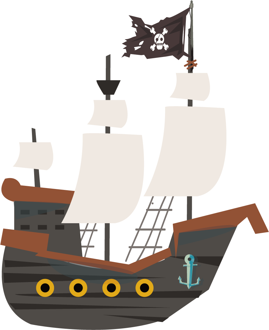 ships 桌布 壁紙 — 一艘卡通海盜船，帶有白色帆和骷髏旗，在黑色背景上行駛。