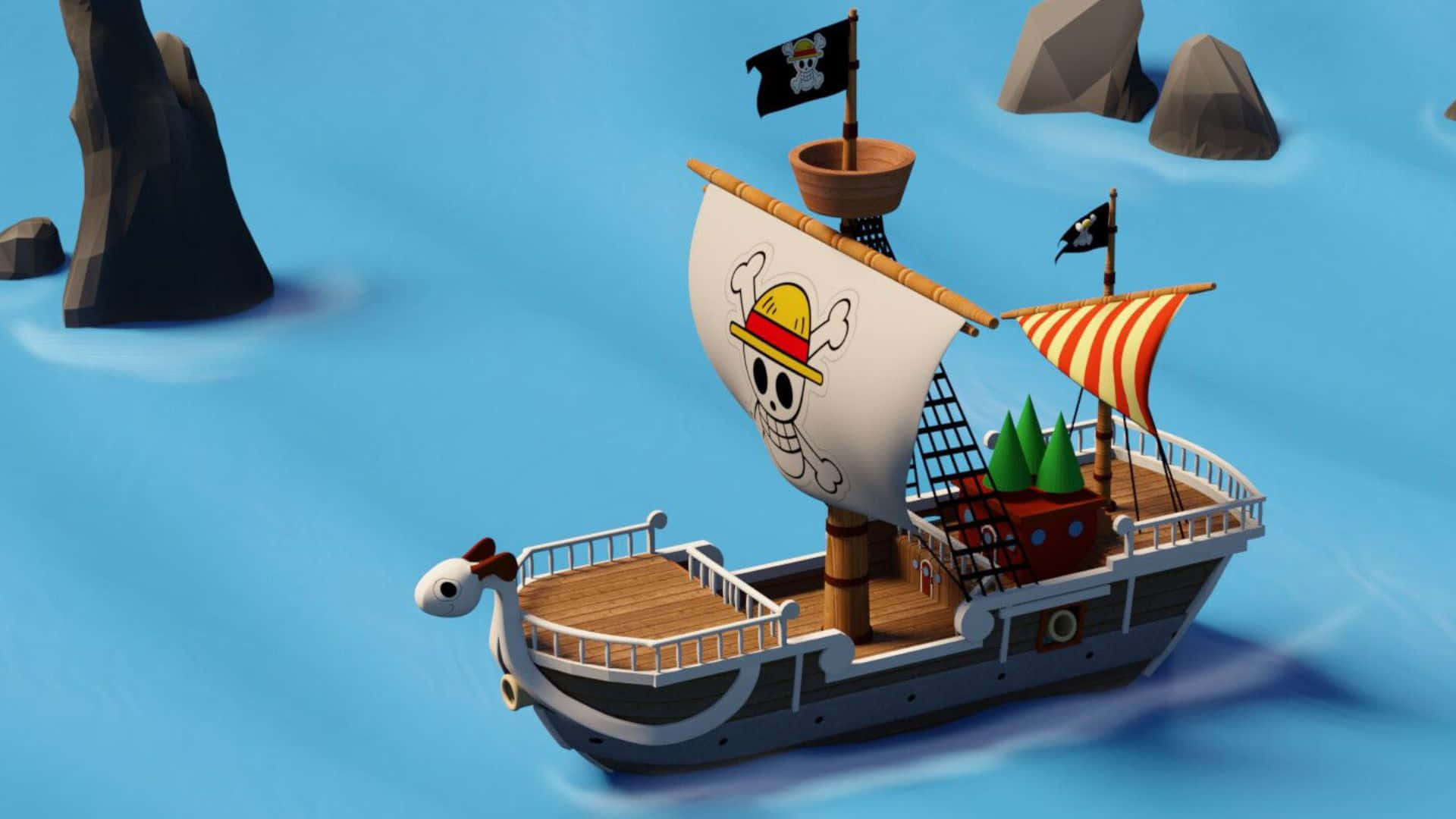Going Merry 桌布 壁紙 — 一艘卡通海盜船，帶有骷髏頭和帽子旗幟，在平靜的藍色海面上航行，靠近黑暗的岩石島嶼。