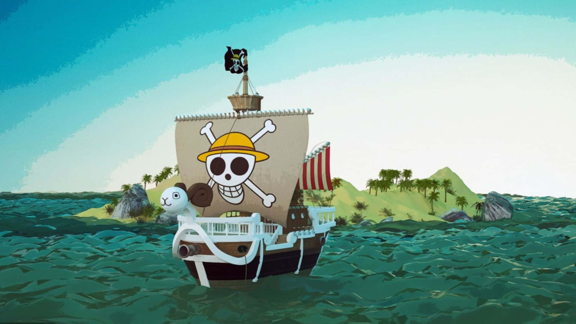 Going Merry 桌布 壁紙 — 一艘卡通海盜船，掛著骷髏頭和交叉骨頭旗幟，在青綠色的波浪上航行，朝向一個有棕櫚樹的熱帶島嶼。