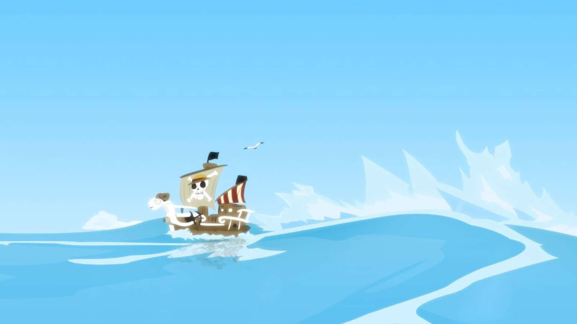 Going Merry 桌布 壁紙 — 一艘卡通海盜船在晴朗的天空下航行於冰冷的藍色水域，遠處有鋸齒狀的冰山。
