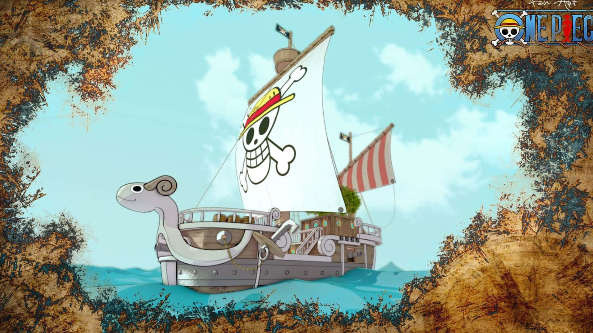 Going Merry 桌布 壁紙 — 一艘卡通海盜船帶有骷髏旗幟，在藍色水面上航行，並以鄉村風格的樹枝邊框環繞。
