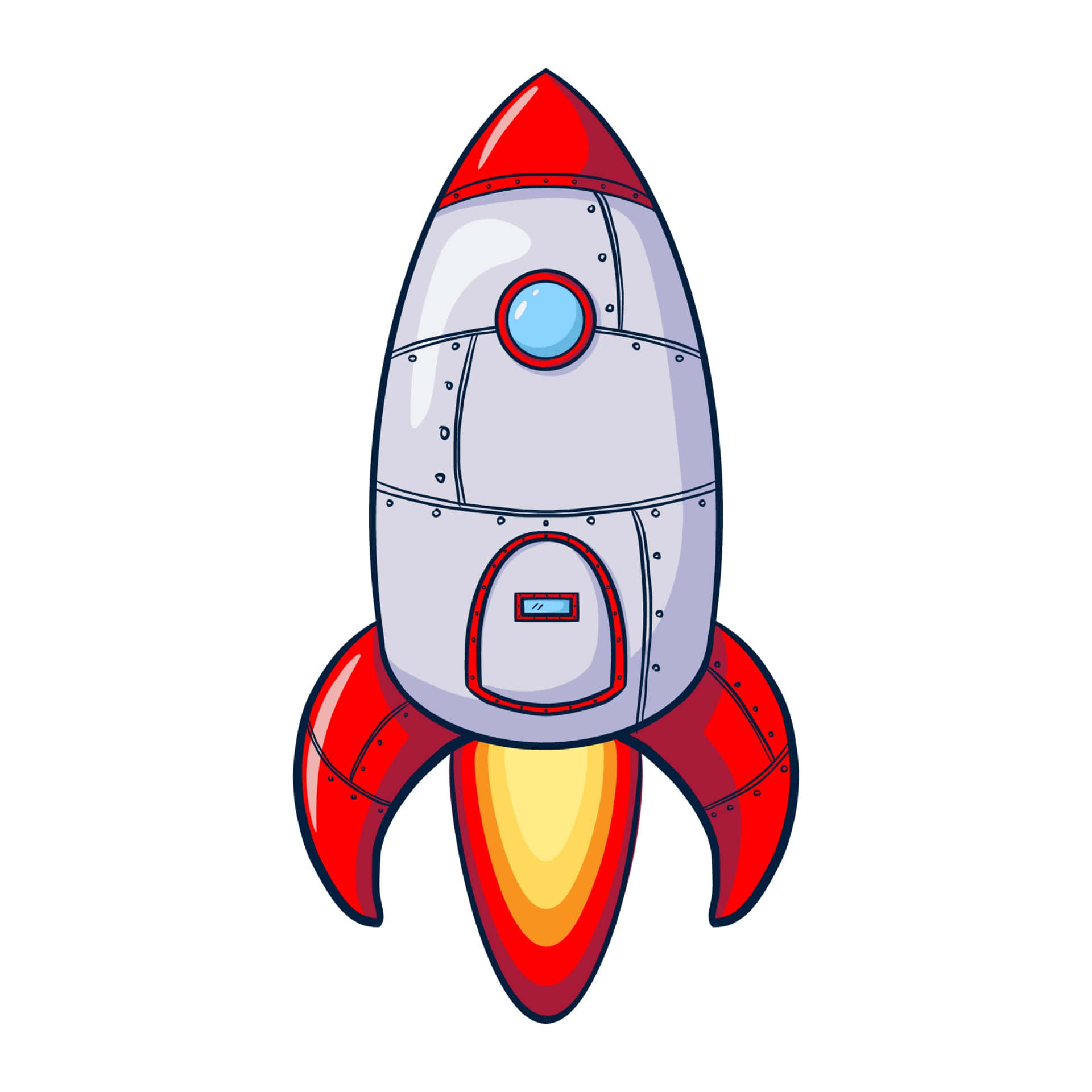 Spaceship 桌布 壁紙 — 一艘卡通火箭飛船，帶有紅色尾翼和發光的黃色火焰，在純白色背景上向上衝刺。