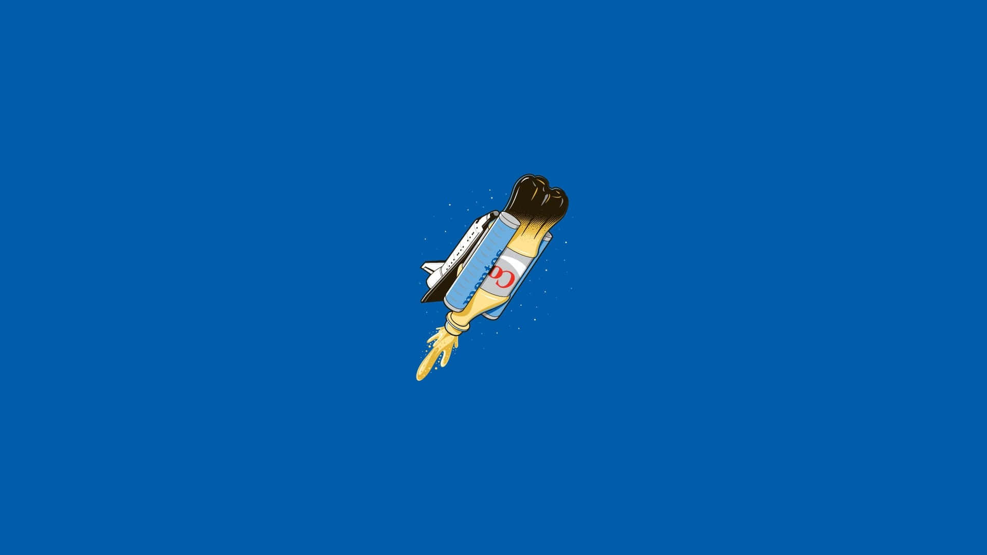 Minimalist Sports 桌布 壁紙 — 一艘卡通火箭飛船從芥末瓶發射，背景為純藍色。