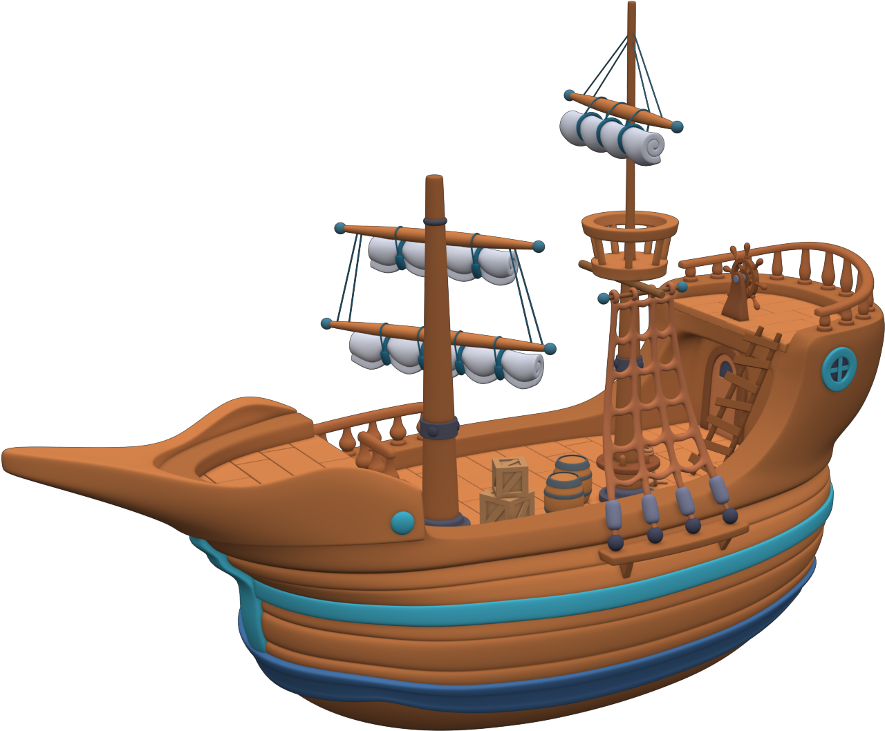 ships 桌布 壁紙 — 一艘卡通風格3D渲染的海盜船，棕色船身配藍色飾邊，白色帆布捲起，背景為黑色。
