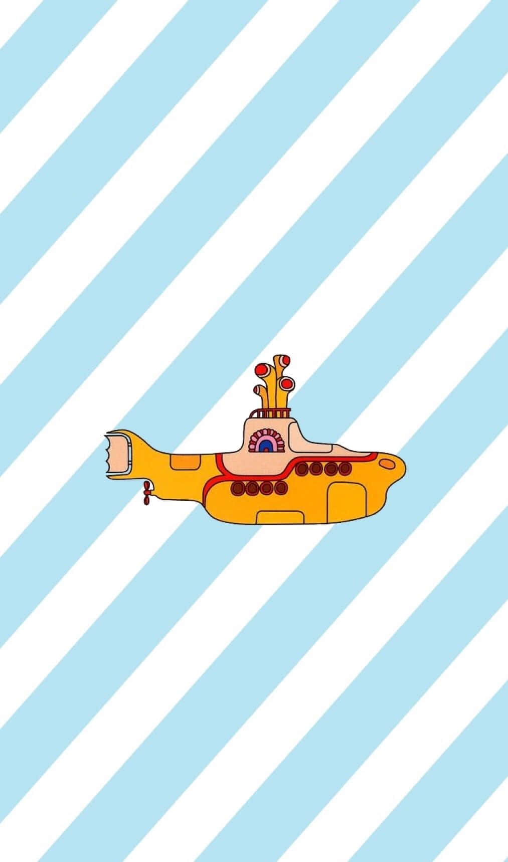 Yellow Submarine 桌布 壁紙 — 一艘卡通黃色潛水艇漂浮在淺藍色和白色對角條紋背景上。