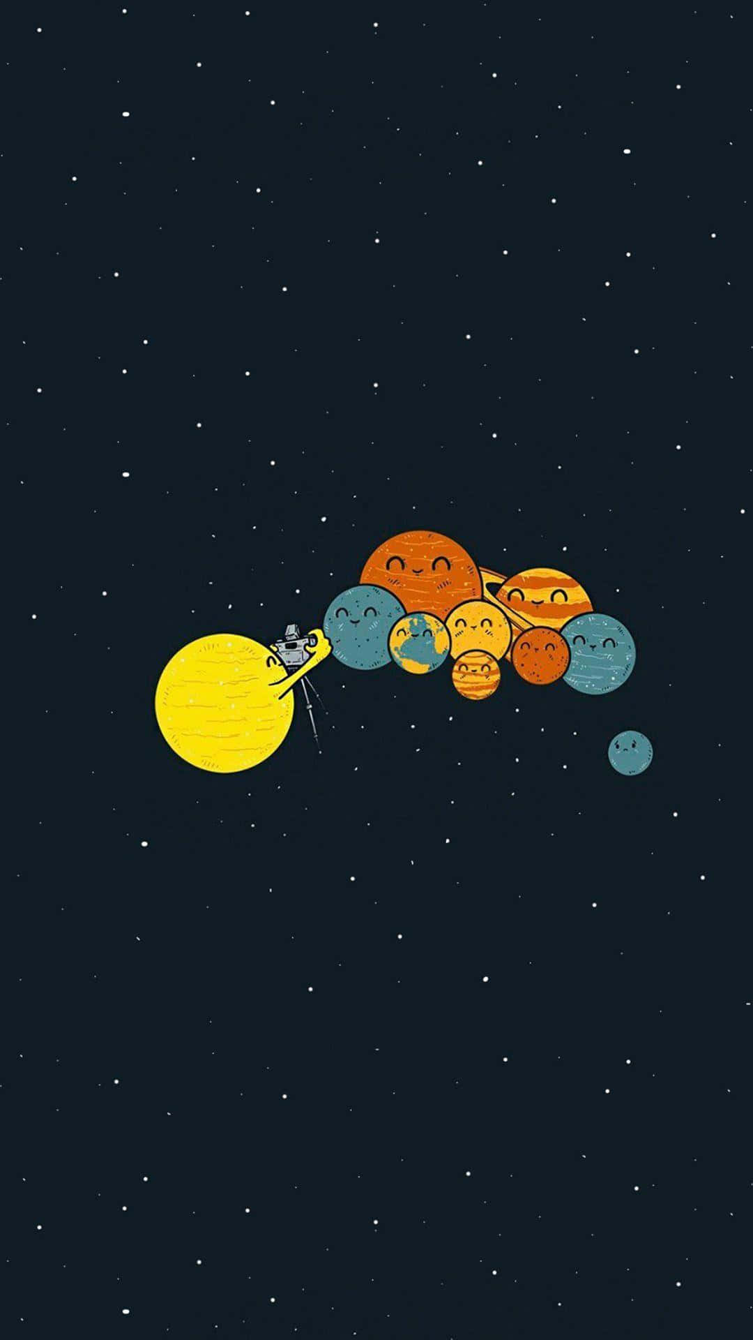 Kawaii Space 桌布 壁紙 — 一艘可愛的卡通太空船在繁星點點的夜空中飛過微笑的行星。