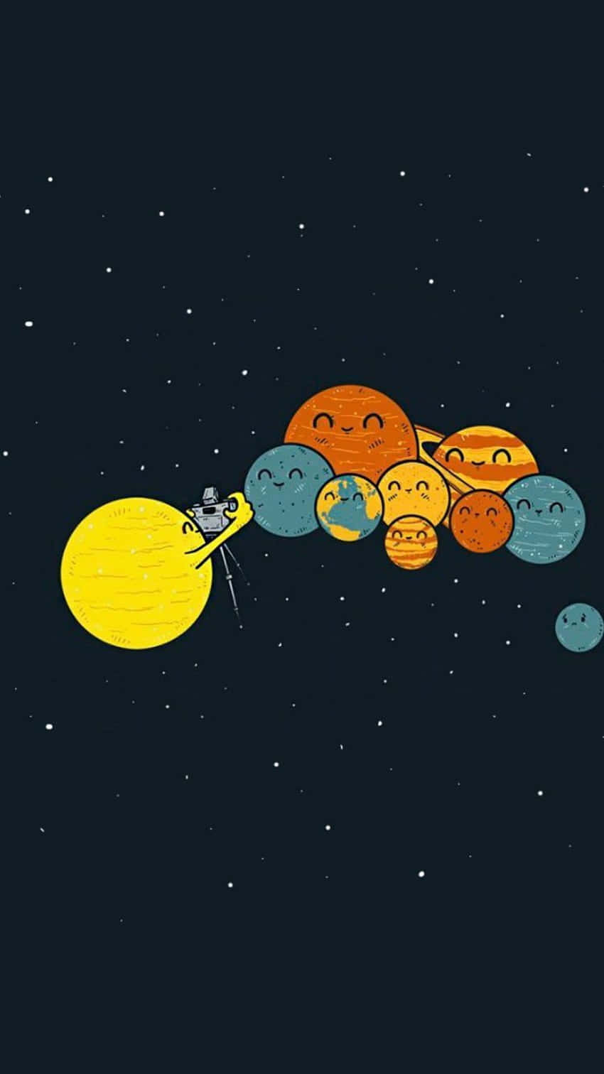 Cartoon Space 桌布 壁紙 — 一艘可愛的卡通太空船愉快地推著一群微笑的行星穿過繁星點點的夜空。