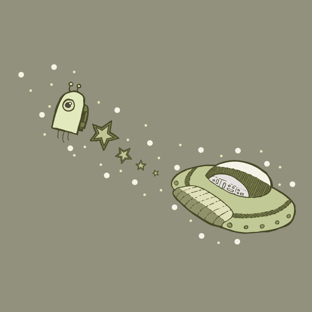 可愛風格 桌布 壁紙 — 一艘可愛的綠色外星飛船帶著星跡，在極簡橄欖色背景上飛過一個小機器人。