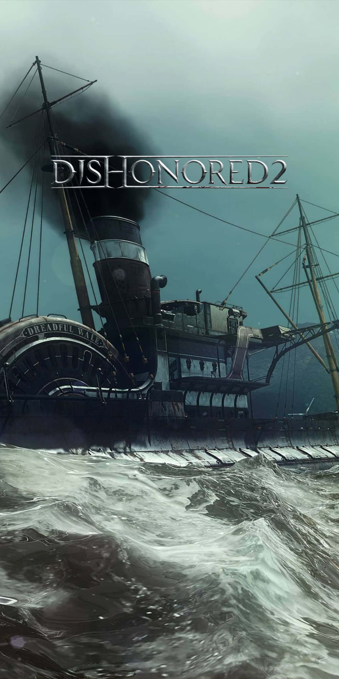 Pixel 3 Dishonored 2 桌布 壁紙 — 一艘名為 Dreadful Bait 的骯髒蒸汽船在陰暗的天空下與洶湧的波濤搏鬥，這是一張電子遊戲宣傳圖片。