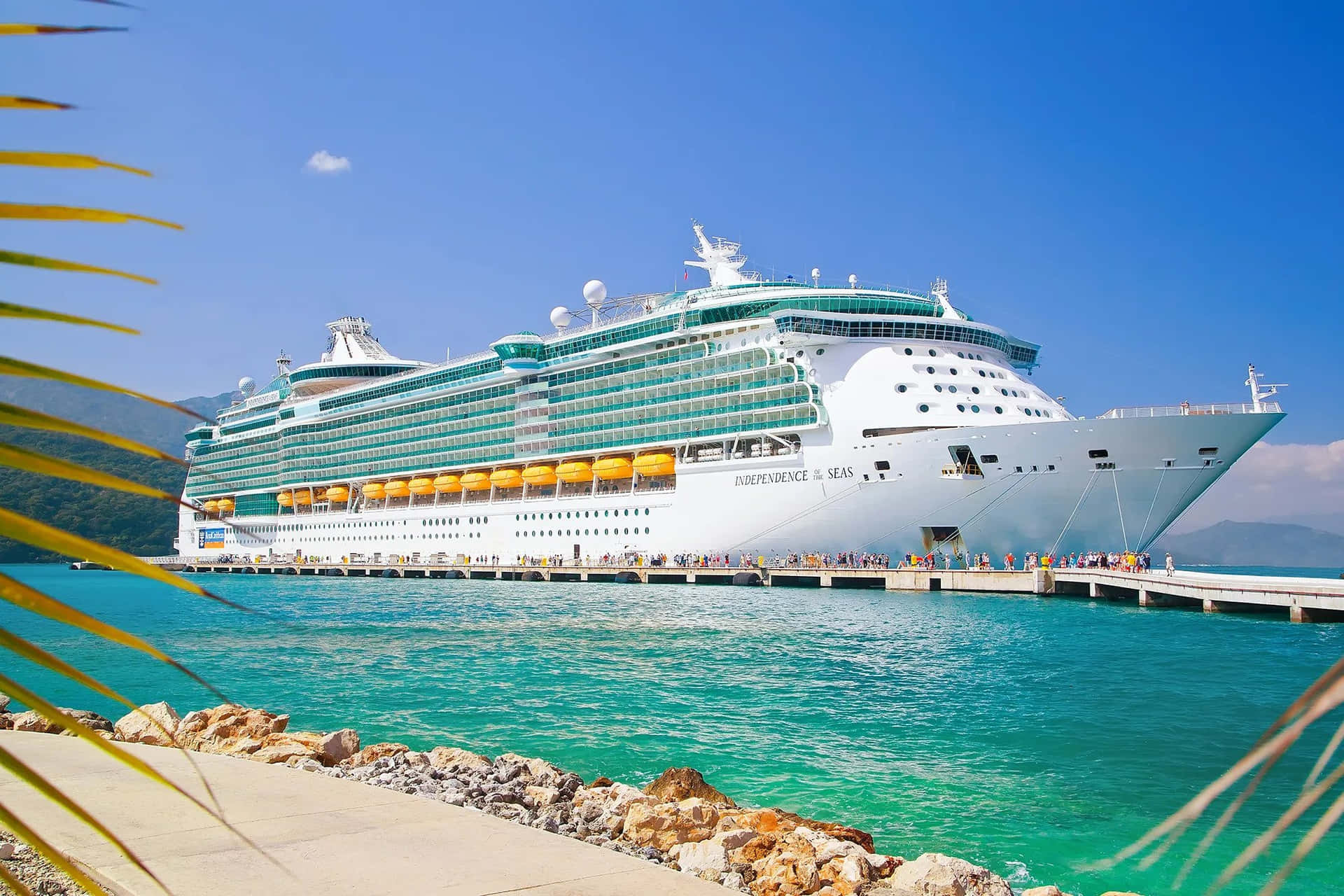 船 桌布 壁紙 — 一艘名為 Independence of the Seas 的巨型白色郵輪停泊在碼頭，天空清澈湛藍，海水碧綠，前景有棕櫚葉點綴。