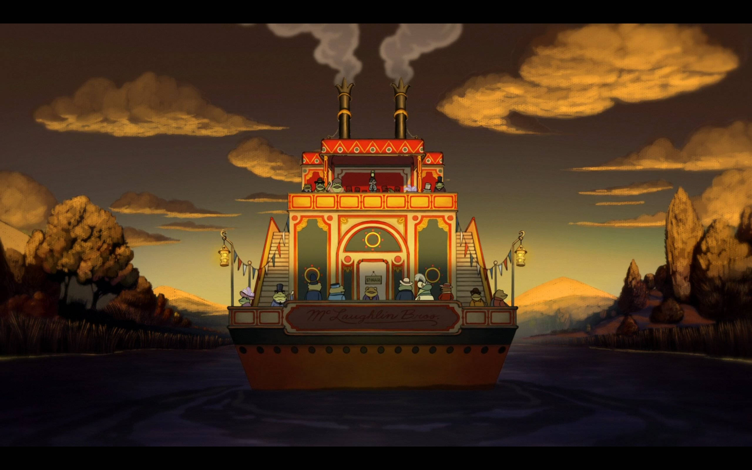 over the garden wall 桌布 壁紙 — 一艘名為「M. Laughton's Booz」的彩色蒸汽船，在金色天空下，沿著兩旁有秋樹和遠山的暮色河流滑行。