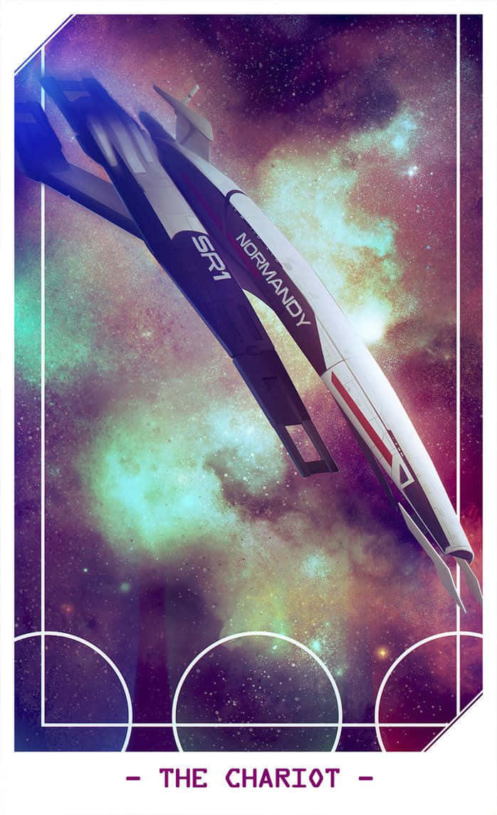 Normandy Sr-2 桌布 壁紙 — 一艘名為 Normandy SR1 的時尚黑白太空船，在充滿紫色、綠色和粉紅色雲彩的鮮豔宇宙星雲中翱翔。