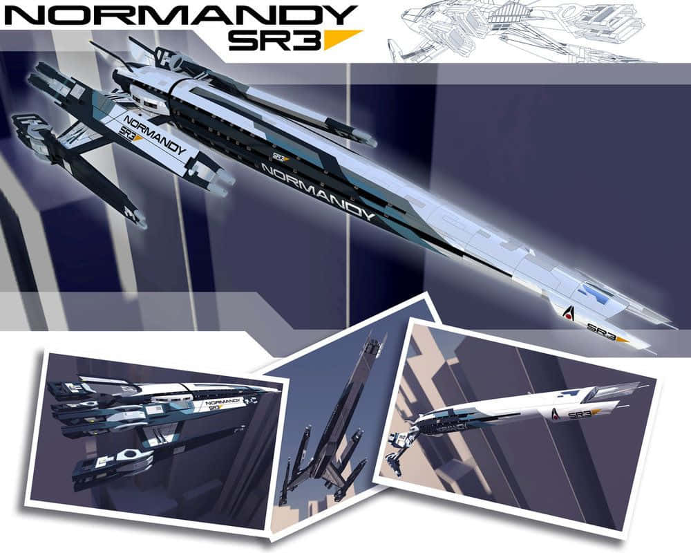 Normandy Sr-2 桌布 壁紙 — 一艘名為 Normandy SR3 的時尚黑白太空船以多個角度展示在深藍色背景上。
