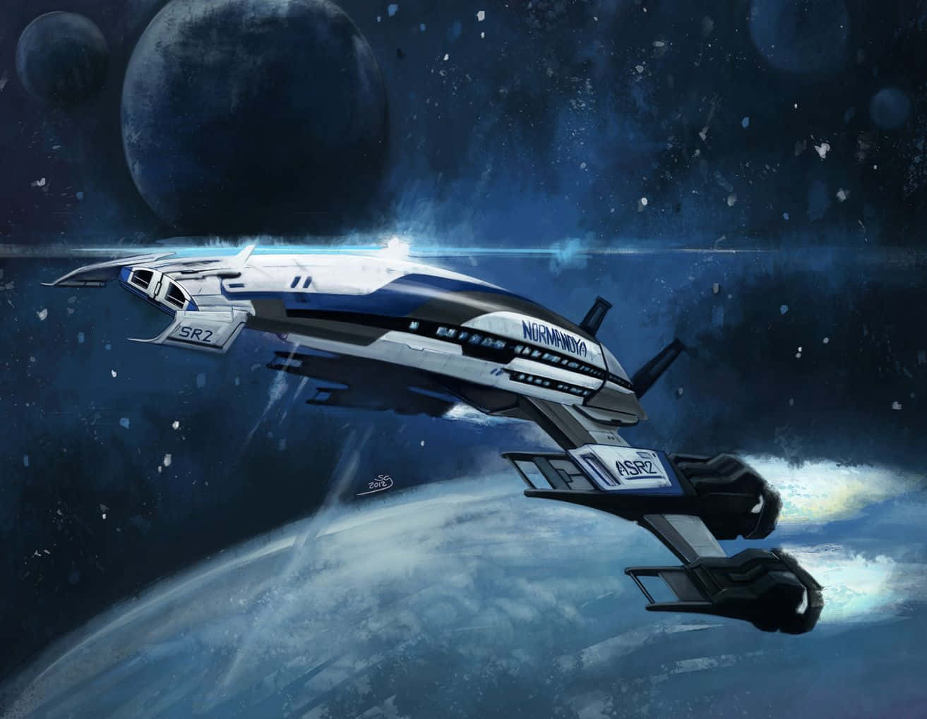 Normandy Sr-2 桌布 壁紙 — 一艘名為 Normandy 的時尚白藍色太空船，在行星和月球附近的深空中飛行，引擎發光。