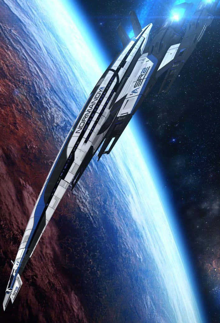 Normandy Sr-2 桌布 壁紙 — 一艘名為 Normandy 的時尚未來太空船在星光宇宙背景下翱翔於地球彎曲的地平線之上。
