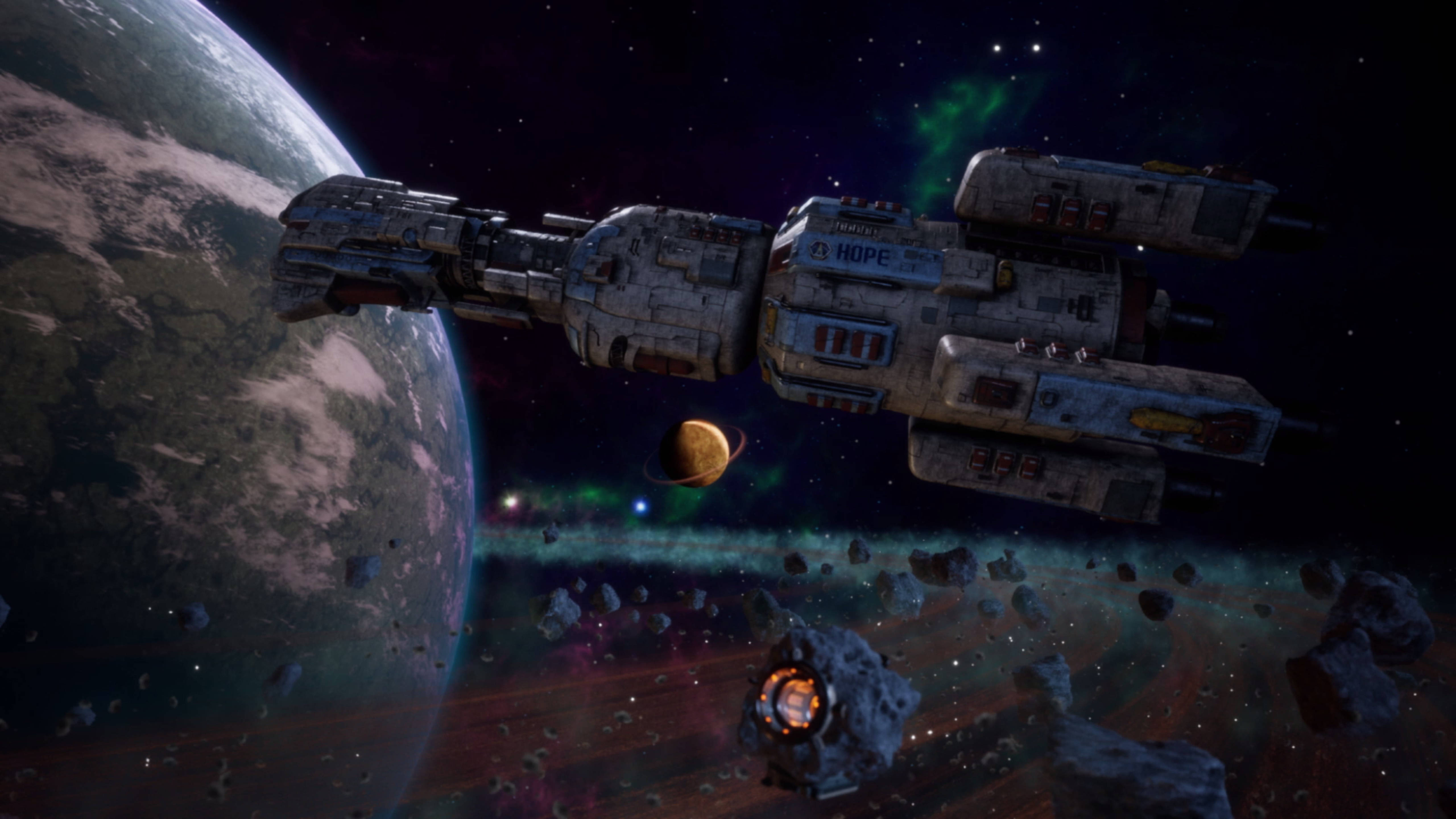 Outer Worlds 桌布 壁紙 — 一艘名為「希望」的風化太空船在巨大行星和小行星帶附近穿過充滿活力的星雲。