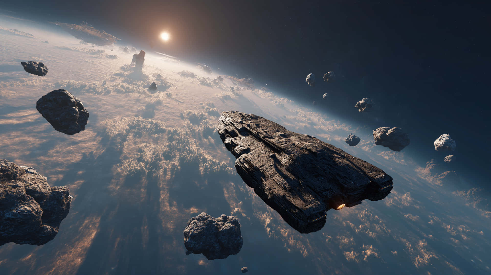 Sci-Fi Spaceship Navigating Asteroids Above an Alien Planet 壁紙 — 一艘堅固的太空船在漂浮的小行星中航行，上方是帶有金色雲朵和發光太陽的行星。