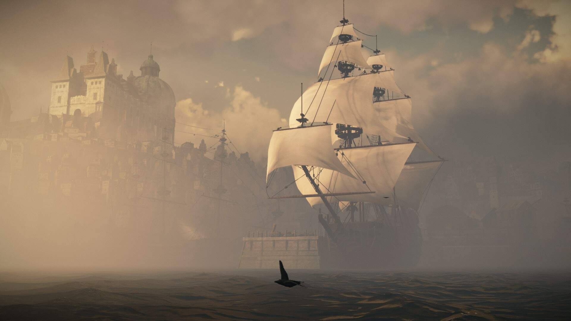 Greedfall 桌布 壁紙 — 一艘大型帆船鼓著白帆，在陰天之下，於靠近遠方沿海城市的迷霧水域中航行。
