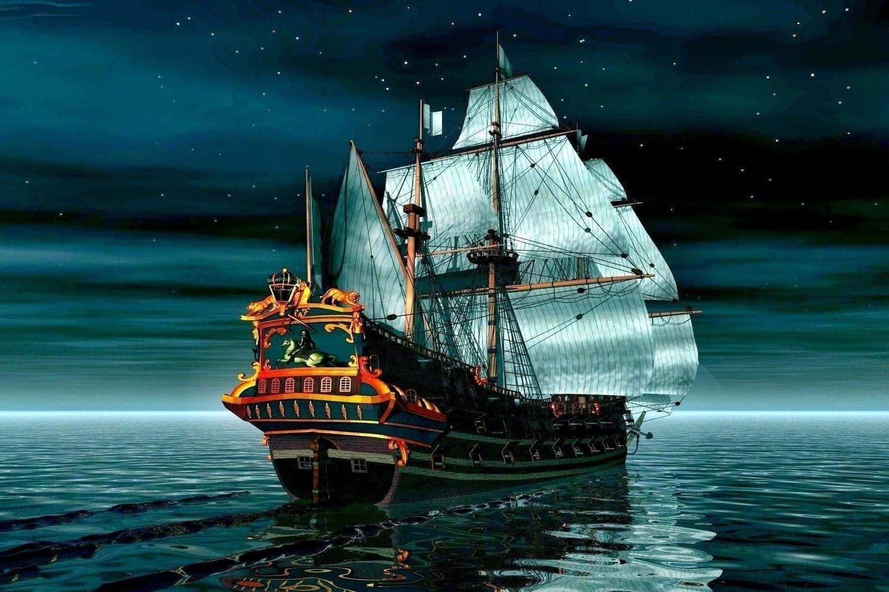 海盜 桌布 壁紙 — 一艘大型海盜船在繁星點點的夜空下航行，發光的船帆和華麗的金色細節倒映在平靜的藍綠色海面上。