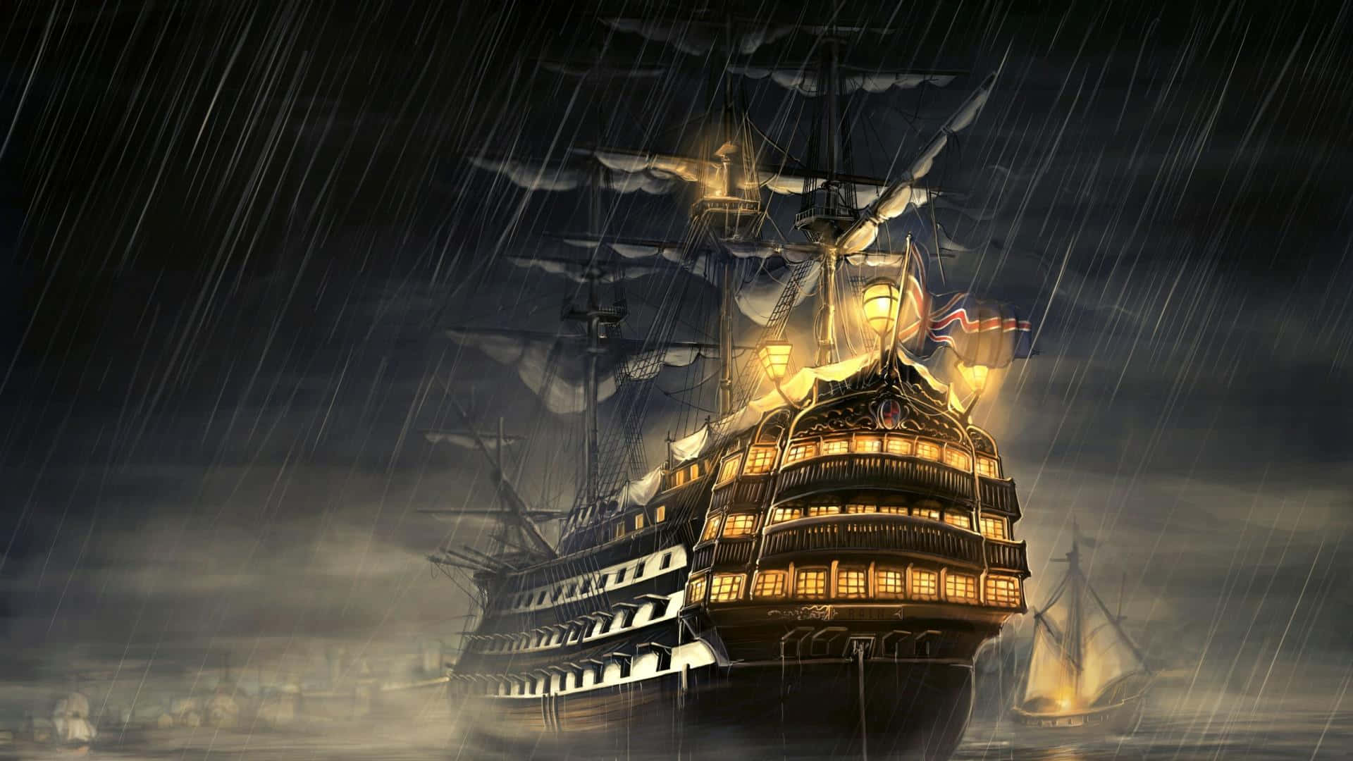 海盜 桌布 壁紙 — 一艘大型照明帆船在暴雨中與風暴肆虐的夜海搏鬥，窗戶閃爍，船帆鼓脹。