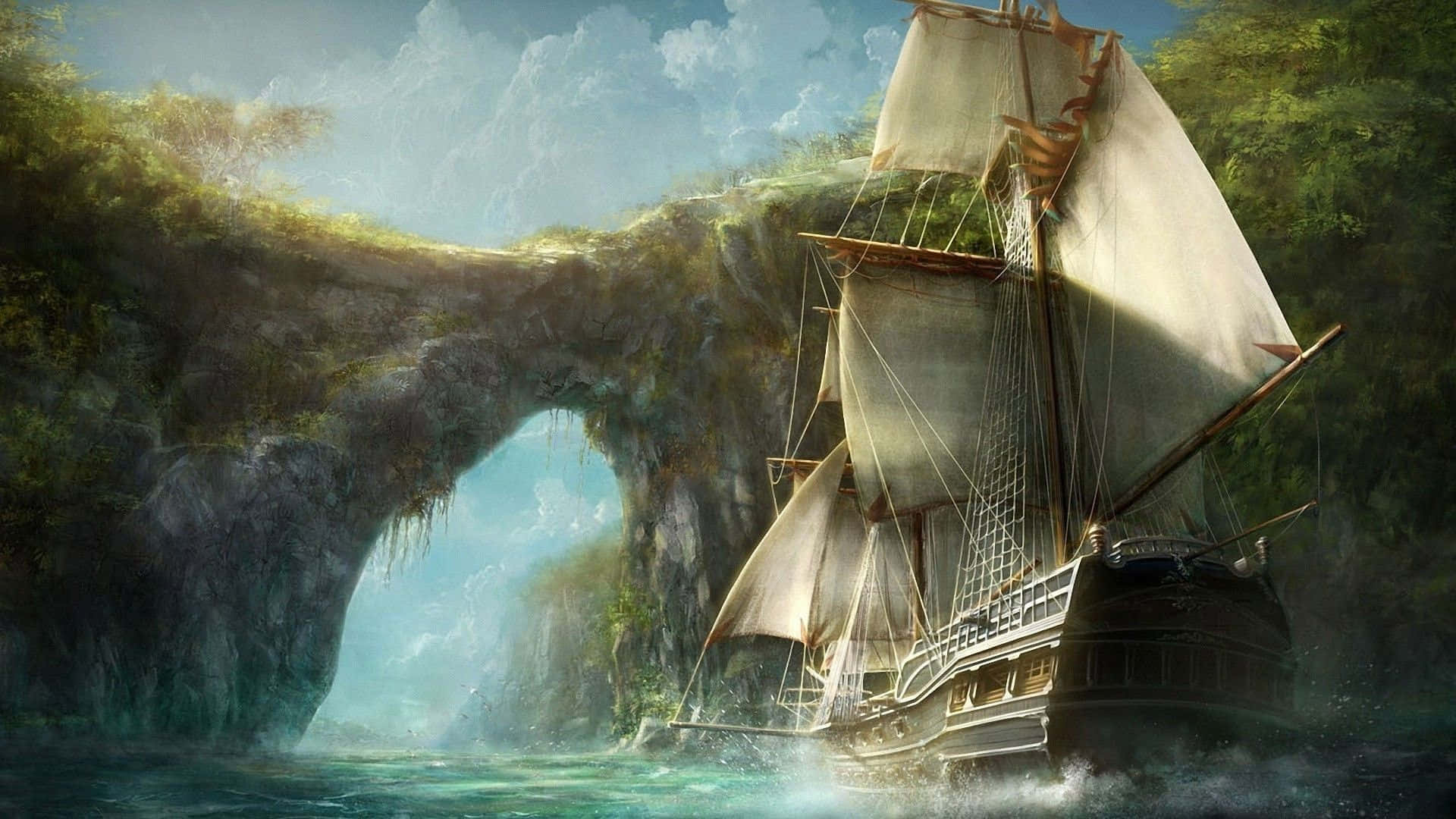 海盜 桌布 壁紙 — 一艘大帆船鼓滿風帆，穿過翠綠海灣中雄偉的天然岩石拱門。