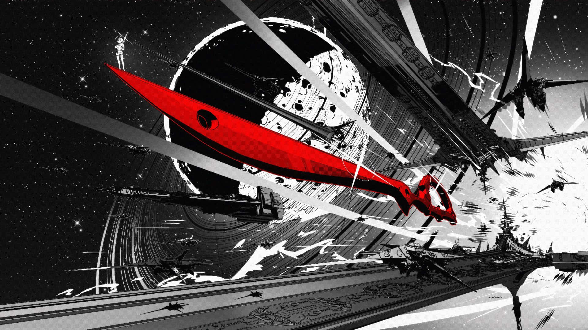 Kill La Kill 桌布 壁紙 — 一艘大膽的紅色太空船在星空中穿梭，穿過破碎的碎片和漂浮的結構，呈現高對比度的數位藝術場景。