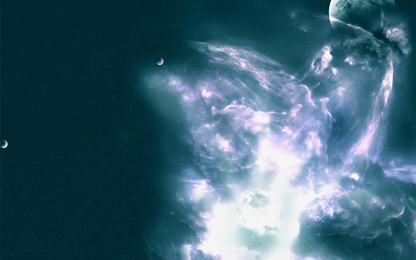 一艘太空船、月亮與行星 壁紙