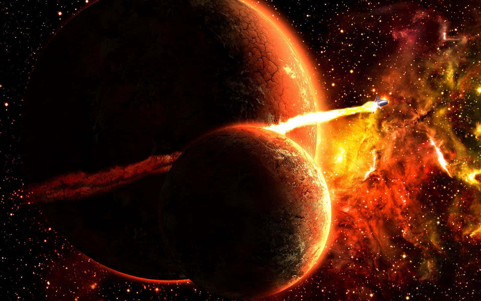 Beautiful Space 桌布 壁紙 — 一艘太空船劃過熾熱星雲，經過兩顆巨大裂開的行星，構成戲劇性的宇宙場景。