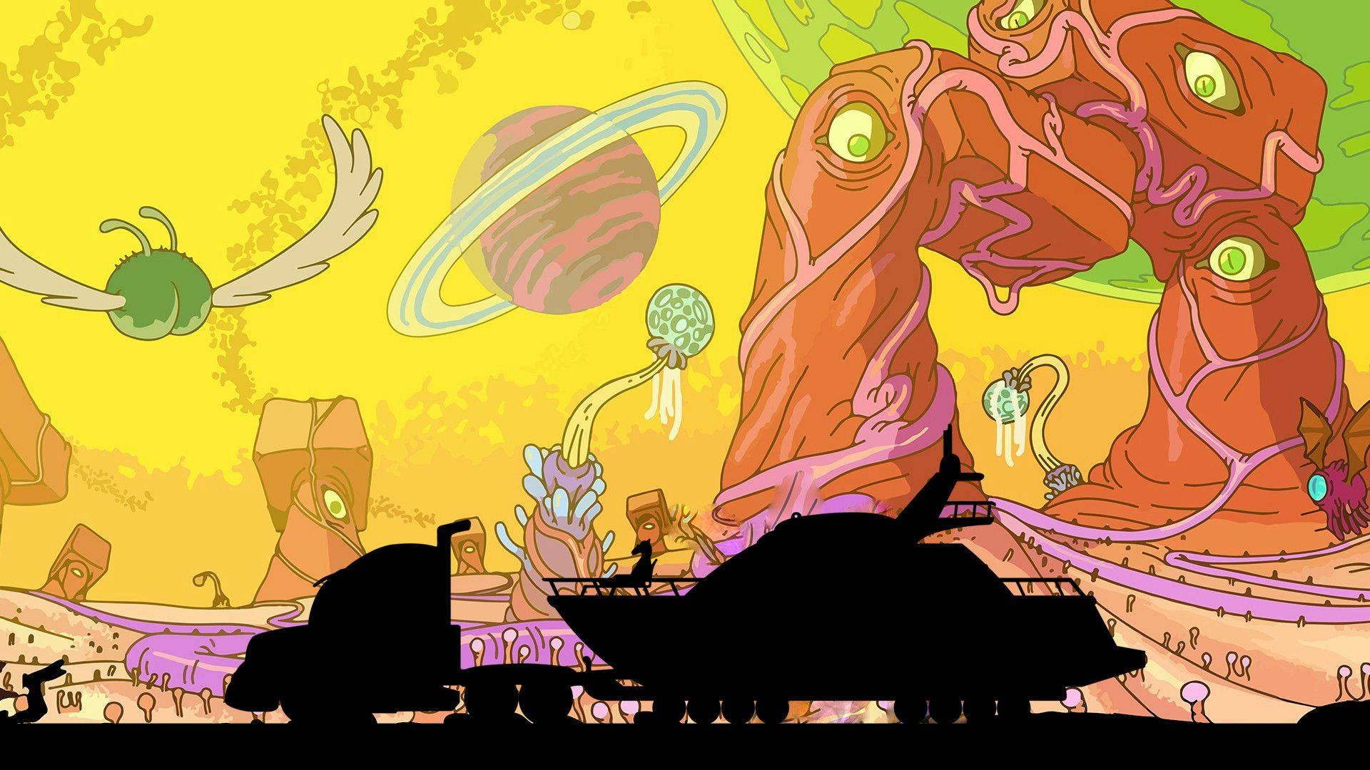 bojack 桌布 壁紙 — 一艘太空船和外星生物的剪影，背景是超現實的黃色外星景觀，有漂浮的行星和發光的眼睛。