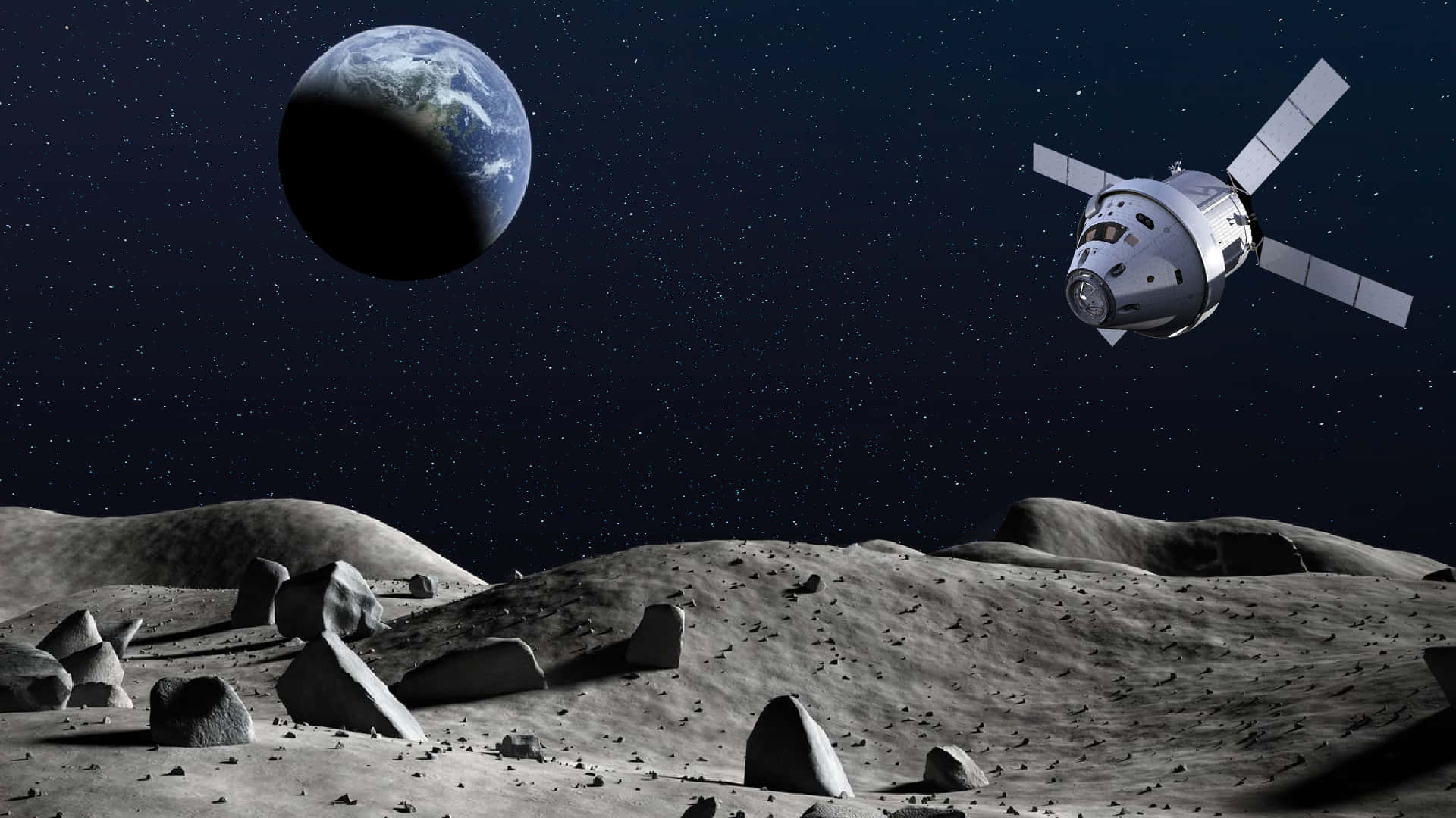 地球 桌布 壁紙 — 一艘太空船在岩石月球表面上盤旋，背後星空中的地球正在升起。
